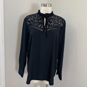 Ann Taylor Womens Large Tall Black Lace Yoke Long Sleeve Blouse Front Neck Tie